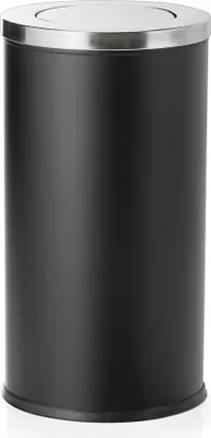 A black cylindrical trash can with a silver rim and lid, shown from the front.