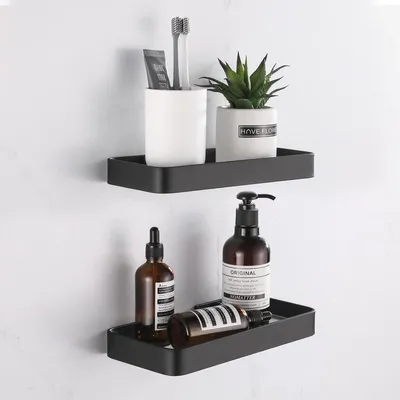 Produktbild von PromoHome® Duschregal 25 cm – 2er Set – Aluminium selbstklebend – Glas – Edelstahl – ohne Bohren – Schwarz