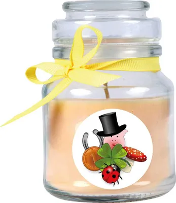 Produktbild von Duftkerze im Bonbonglas "Viel Glück", Duft: Vanille ( Gelb ), 120g - Brenndauer bis zu 30 Stunden