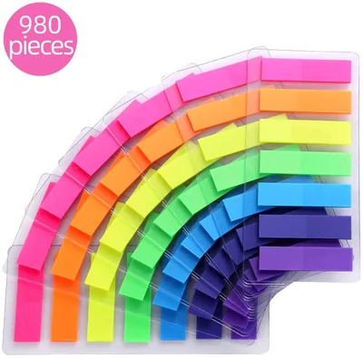 Produktbild von Haftmarker Film Textstreifen Klebezettel Klebemarkierungen Kleine Fahnen Haftnotizen Tabs (980 Stücke, 7 Farben)