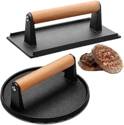 Produktbild von Famanu Gusseisen Burgerpresse Set - Vielseitige Fleischpresse für Grillen - 2 Stück