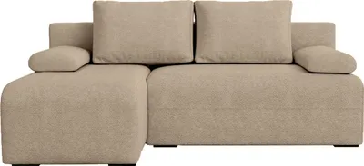 A beige bouclé sectional sofa with a chaise lounge on the left.
