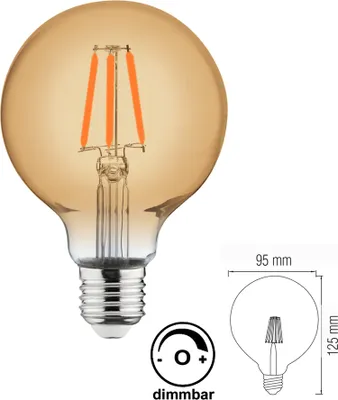 Produktbild von 6 W DIMMBAR E27 LED Leuchtmittel Filament Kugel Globe (G95, 95mm Durchmesser) 515 Lumen warmweiß (2200 K)