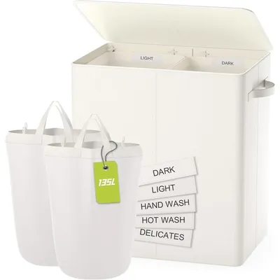 Produktbild von Wäschekorb mit Deckel, 135L, 2 Fächer, Beige, faltbar