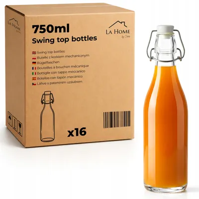 Obrázek produktu pro Sada 16 ks skleněných lahví 750 ml s patentním uzávěrem – láhev swing top na víno a ocet, lahev s klipem na sirup a limonádu