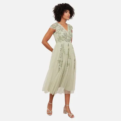 Productafbeelding van Maya Deluxe dames midi-jurk, model met V-hals, korte mouwen en versieringen met pailletten