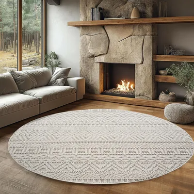 Zdjęcie produktu dla Ayyildiz | Okrągły Dywan Nowoczesny Helix - 160 cm - Kremowy - Miękki - Odporność na Plamy - Styl Boho