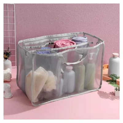 Produktbild von Netztasche Groß mit Kordelzug Strandtasche aus Mesh-Material für Damen Schwimmtasche mit Durchsichtigen Fächern für Strand Schwimmbad und Camping