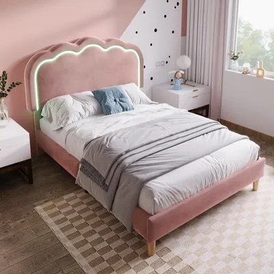 Image de Lit rembourré Zubaliya - 90 x 190 cm, rose - Éclairage LED et tête de lit réglable - Velours