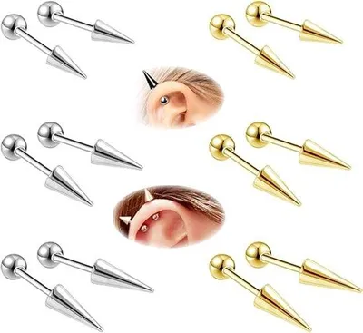 Zdjęcie produktu dla 6-częściowy zestaw do piercingu w kolorze złotym i srebrnym, z igłami o długości 4/10, do piercingu warg, przegrody nosowej, chrząstki, tragusa i heliksu