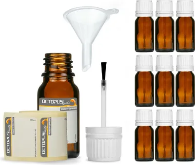Produktbild von 10 x 10 ml Pinselflasche, Braunglasflasche mit Pinsel, Pinselverschluss und Mini-Trichter