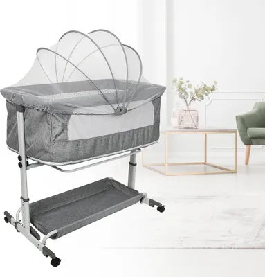 Produktbild von 2in 1 Babybett Beistellbett Wickeltisch Wickelkommode Kombination Stubenwagen mit Moskitonetz Grau