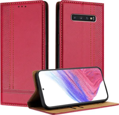 Image de Housse de téléphone portable pour Samsung Galaxy S10 Plus Housse en cuir à rabat avec fonction de support rouge