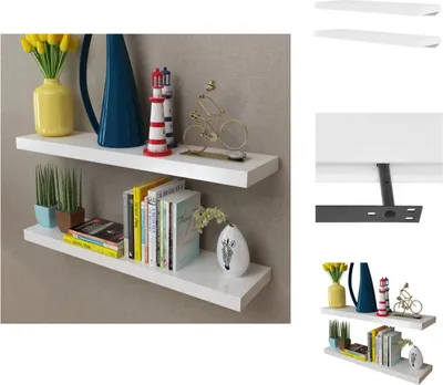 Two white floating shelves mounted on a light gray wall, decorated with various items.