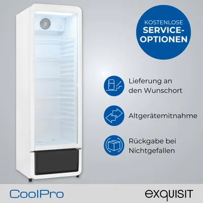 Produktbild von Exquisit Glastürkühlschrank, 280l Getränkekühlschrank mit LED, Umluft, 5 verstellbare Ablagen, CoolPro, GKS5260-GT-431D weiss