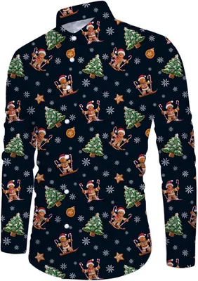 Image de Chemise pour homme pour Noël, motif cannelle, boutons, taille L, bleu foncé, confortable