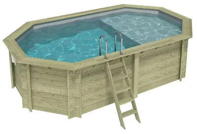 Immagine prodotto di Piscina in legno NEMO 5.79 x 3.49 – H.1.45 m con spiaggia, grigio, Su telaio - senza cementazione