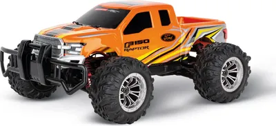An orange Ford F-150 Raptor remote control monster truck is shown from a front-side angle on a white background.
