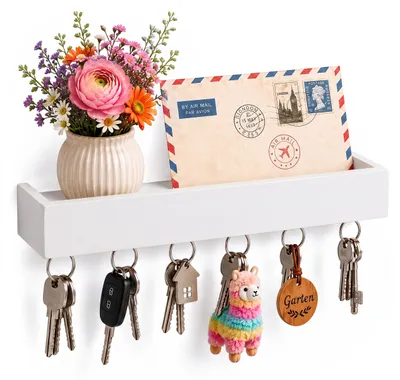 Produktbild von Relaxdays Schlüsselbrett, 6 Haken, Schlüsselhalter mit Ablage, schwebend, HBT: 5 x 26 x 7 cm, Wandmontage, Bambus, weiß