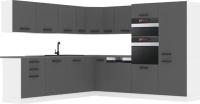 Produktbild von Belini Küchenzeile Küchenblock Küche L-Form JANE Küchenmöbel mit Griffe, Einbauküche ohne Elektrogeräten mit Hängeschränke und Unterschränke, mit Arbeitsplatten, Silber matt