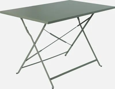 A khaki-colored folding bistro garden table made of steel.