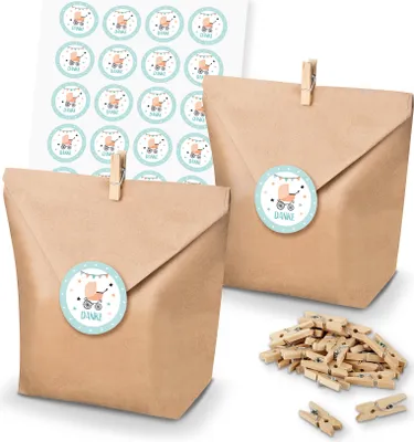 Produktbild von itenga SET 24x Geschenktüten + Klammern Danke / Kinderwagen Vintage (Motiv 136)