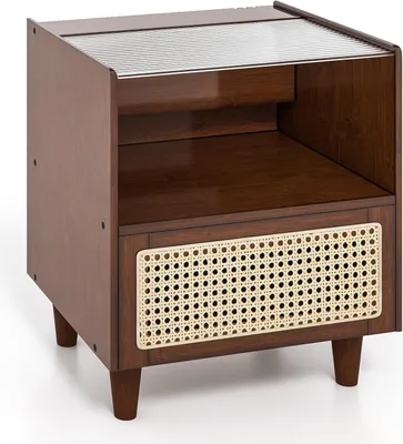 Produktbild von COSTWAY Nachttisch aus Bambus & Rattan mit Schublade, Beistelltisch mit Glastischplatte und offenem Fach, Sofatisch, Nachtschrank, Boho-Nachtkonsole für Schlafzimmer, Wohnzimmer, 43 x 35 x 50 cm