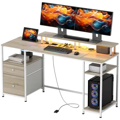 Produktbild von Computertisch mit verstellbarer LED-Beleuchtung, 2 Steckdosen, USB-Anschlš¹ssen, Schubladen und Ablagen, 155,5 x 48 x 88,5 cm, Holzoptik.