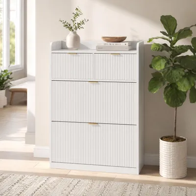 Produktbild von INONEFT Schuhschrank mit 2 Klapptüren und Schublade, Schuhkipper Schmal, Schuhregal Geschlossen, schuhschrank hoch, 80 x 24 x 110 cm ,Weiß