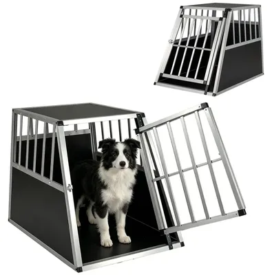 Produktbild von KOMFOTTEU Hundebox Auto, Transportbox Hund mit Sicherheitsverschluss, leicht & stabil, Alu Hundetransportbox für Kofferraum, Rückbank & Zuhause (91 x 65 x 69,5 cm)