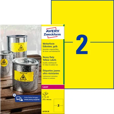 Produktbild von Avery Zweckform L6130-20, Wetterfeste Folien-Etiketten, A4, 210 x 148 mm, 40 Etiketten / 20 Bögen, gelb