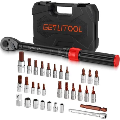 Produktbild von Drehmomentschlüssel 1/4 Zoll Fahrrad 5-25NM 32tlg. Set mit TX/HEX/PH/XZN Bits und Verlängerungsstange