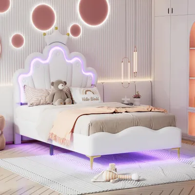 Produktbild von Flaches Doppelbett, kronenförmiges Prinzessinnenbett, , verstellbarer LED-Umgebungslichtstreifen, Kunstleder, 90*200cm, Weiß