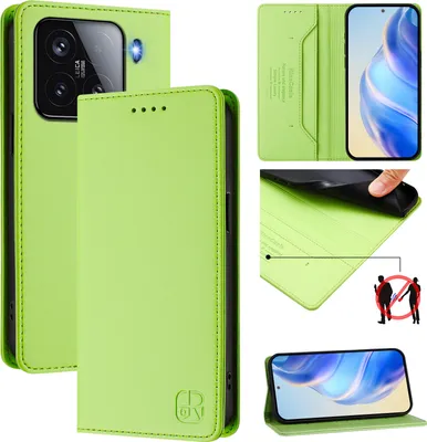 Collage of product images showing a green flip wallet case for a smartphone, with close-ups of its features and a phone inside.