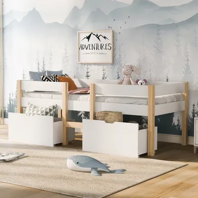 Produktbild von Kinderbett mit 2 Schubladen und Lattenrost, 90x200 cm, Einzelbett mit Rausfallschutz, Holzbett aus Kieferholz