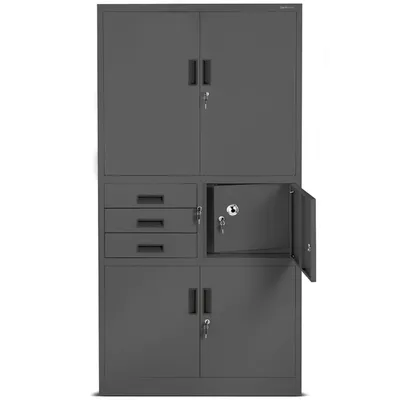 A dark gray metal storage cabinet with multiple compartments, including drawers, a safe, and doors.
