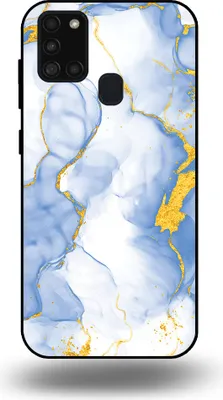 Produktbild von Smartphonica Handytasche passend für Samsung Galaxy A21s mit Hellblau Gold Marmor Print - TPU Backcover Case Hellblau Gold Marmor Design