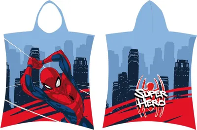 Obrázok produktu pre Detské kúpacie pončo s kapucňou Marvel Super Hero Spider-Man City skyscraper spider web adventure comic spider logo červená modrá 50 x 115 cm 100% bavlna