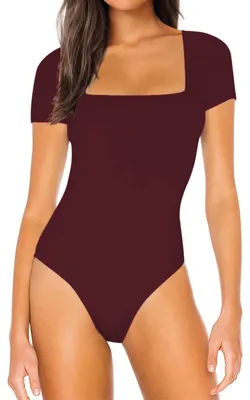 Obrázek produktu pro Dámské body s krátkými rukávy, přiléhavé, jednobarevné, s kalhotkami na knoflíky, letní body, vínově červené, XL