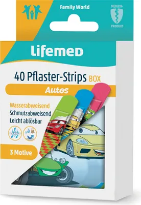 Image de Lifemed 99559 Lifemed Pansements adhésifs pour enfants "Voitures", boîte de 40 pièces en métal