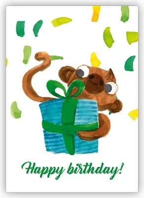 Produktbild von Coole gemalte Geburtstagskarte mit kleinem Affen und Geschenk und Konfetti: Happy birthday