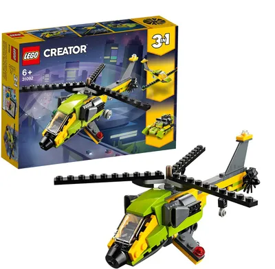 A product box for a LEGO Creator helicopter set, with the assembled helicopter model shown in front of the box.