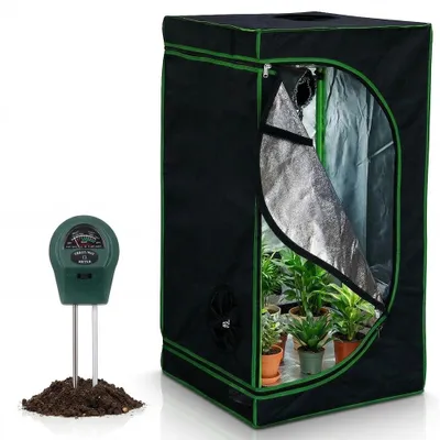 Produktbild von Mucola Gewächshaus inkl. 3 in 1 Feuchtigkeitsmessgerät für Pflanzen Pflanzenzelt Growbox Indoor Pflanzenzelt Zuchtzelt Zuchtschrank Darkroom Frühbeet Schwarz Grün - 60x60x180cm