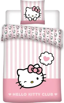 A Hello Kitty themed duvet cover and pillowcase set laid out on a white surface.