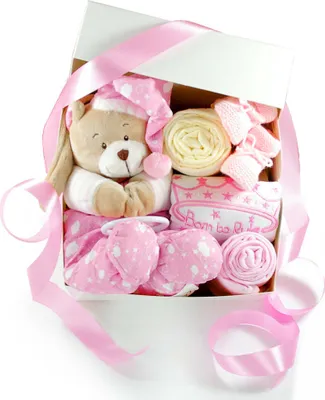 Produktbild von Geschenkbox zur Geburt SPIELUHR TEDDYBÄR | Geschenkkorb 6-teilig rosa