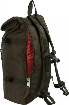 A close-up side view of a dark green backpack with its zipper partially open, revealing a red interior.