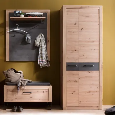 Produktbild von Flurmöbel Set modern mit Garderobenschrank Eiche mit grau IOLA-05, 3-teilig