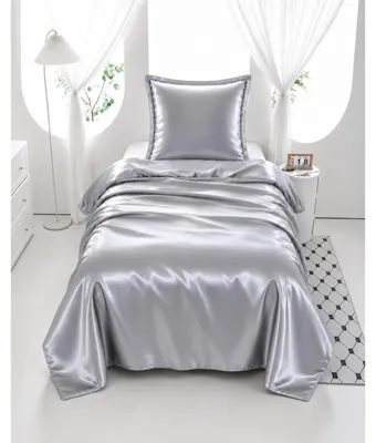 Zdjęcie produktu dla Komplet pościeli satynowej, 155x220 cm, kolor srebrny, 2-częściowy, z zamkiem błyskawicznym i poszewką na poduszkę 80x80 cm