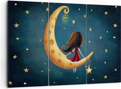 Produktbild von Bild auf Leinwand - Leinwandbild - 3 Teile - Kinder Mädchen Mond - 105x70cm - Wand Bild - Wanddeko - Wandbilder - Leinwanddruck - Bilder - Wanddekoration - Leinwand bilder - Wandbild - CE105x70-4683