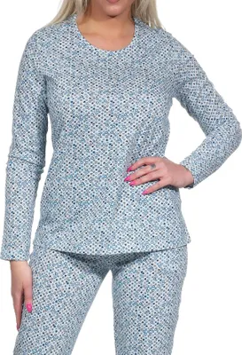 Produktbild von Damen Schlafanzug Shirt langarm Pyjama Oberteil Mix & Match in Herz Tupfen Optik - 122 904 ; hellblau , 40-42
